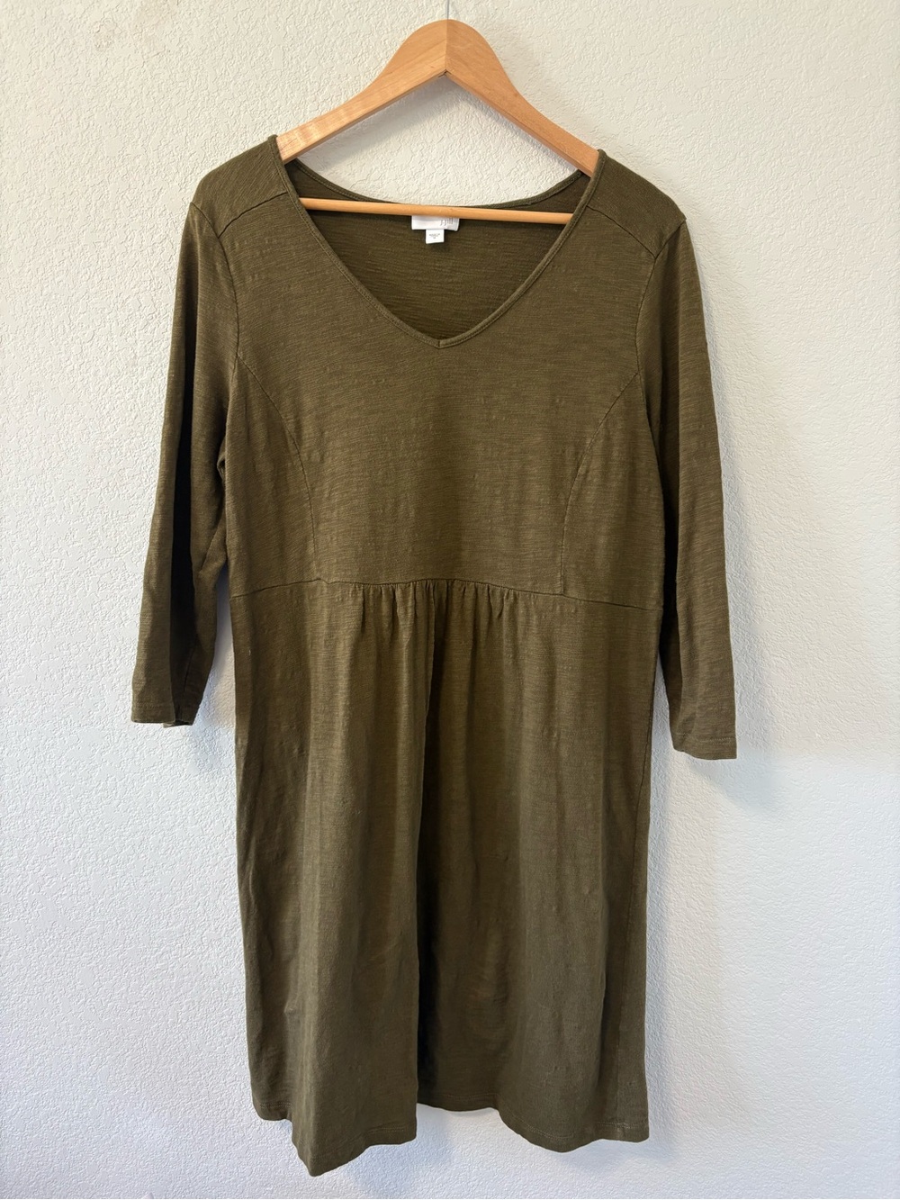 J. Jill Olive Green Empire Waist Dress Medium 3/4 Sleeve Casual Midi Dress